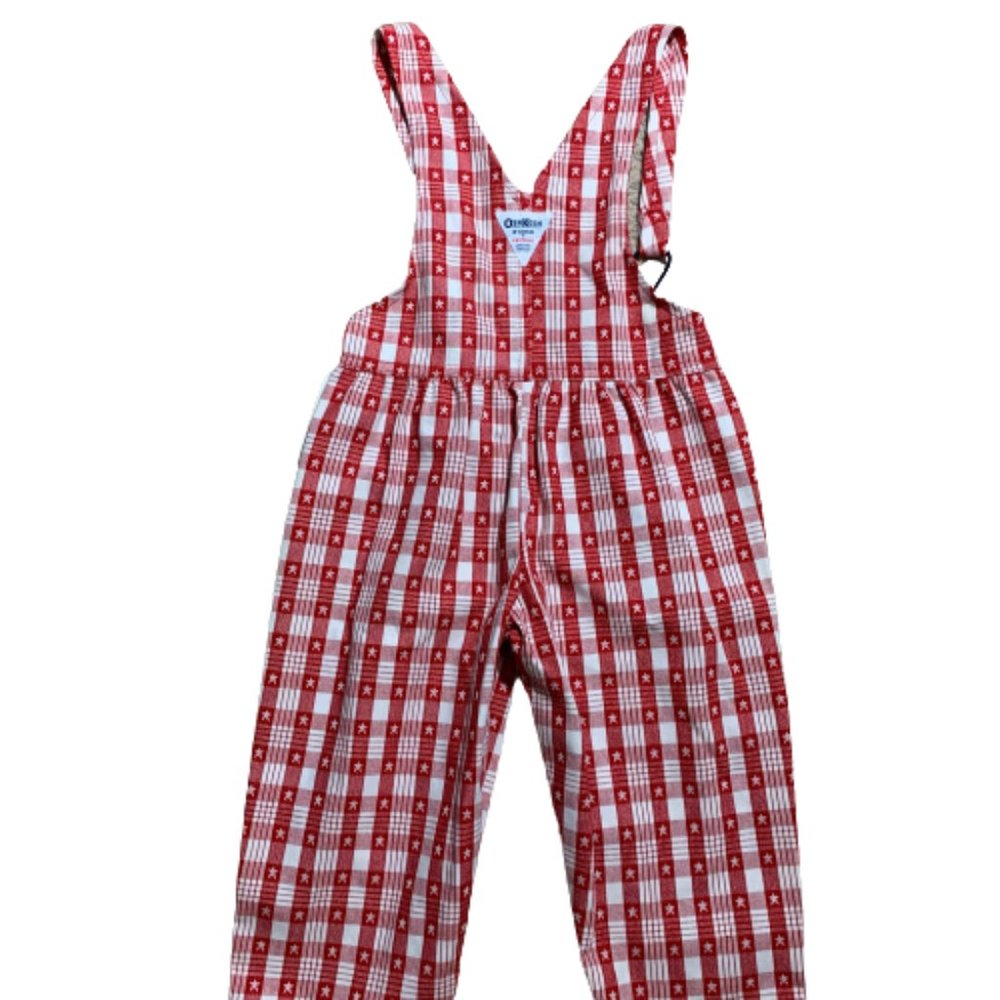 New Vintage OshKosh B'gosh Kids Red White Star Plaid Vestback Overalls Size 4T